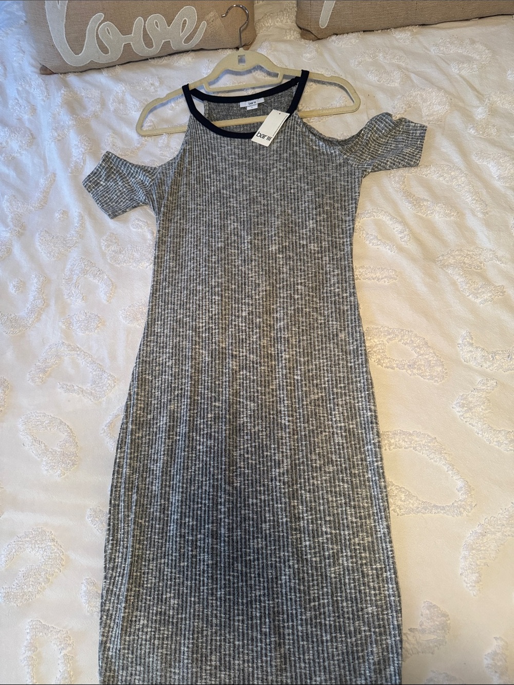 Bar III Grey Ribbed Cold-Shoulder Midi Dress with Black Trim
